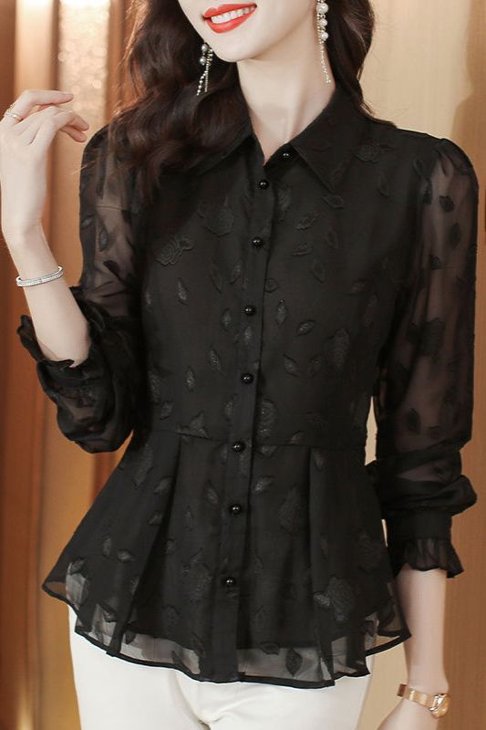 Thai Silk Blouse - Elegant Floral Long Sleeve Chiffon Blouse